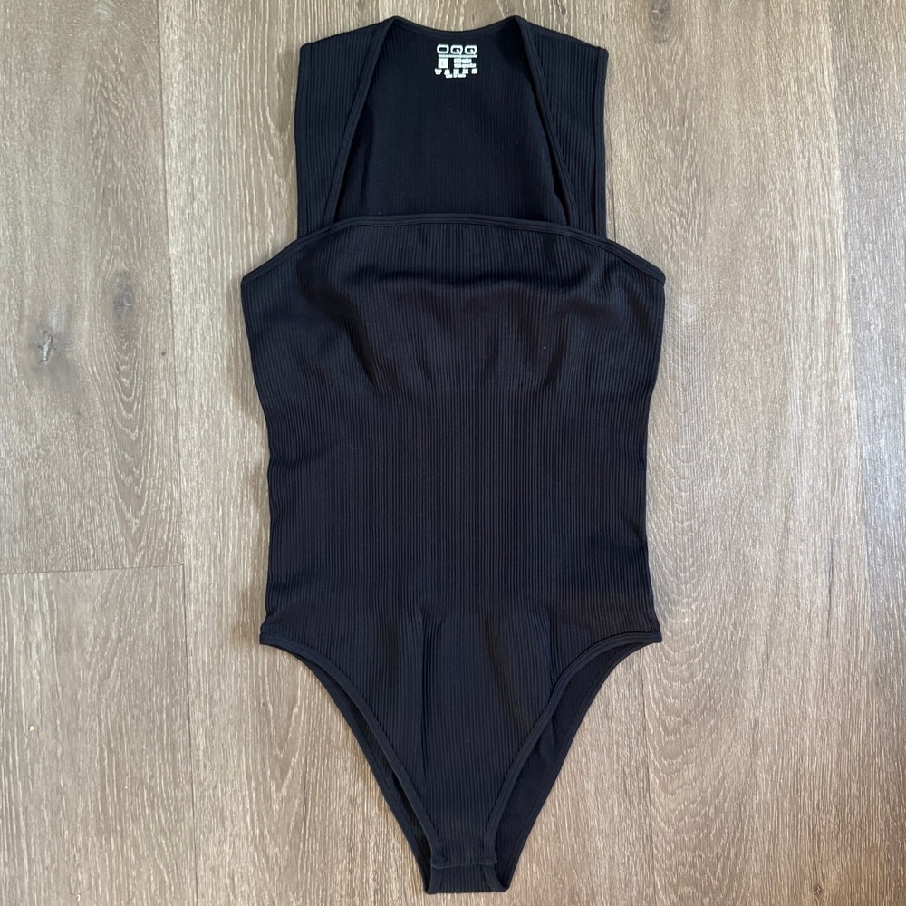 OQQ Bodysuit Women Large Black Ribbed Square Neck Seamless Tank Top Sleeveless